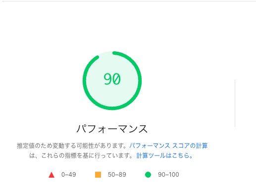 PageSpeed Insightsのスマホ計測結果。パフォーマンスは90点